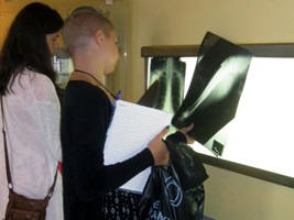 Students look at x-ray images during a medical simulation at NYLF Explore STEM