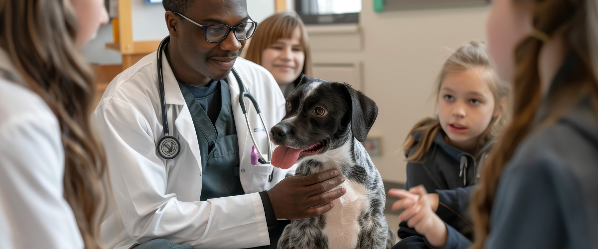 Students watching a vet with a dog